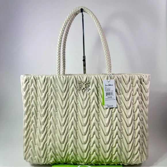 NEW SAM EDLEMAN ARI QUILTED LARGE VEGAN LEATHER TOTE SHOULDER BAG IVORY NWT!! - Picture 1 of 10